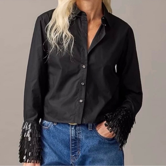 J. Crew Black Cropped Shirt with Sequin Cuffs - Picture 2 of 8